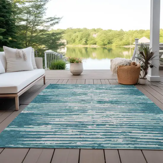 Teal Blue And Ivory Striped Washable Indoor Outdoor Area Rug Photo 9