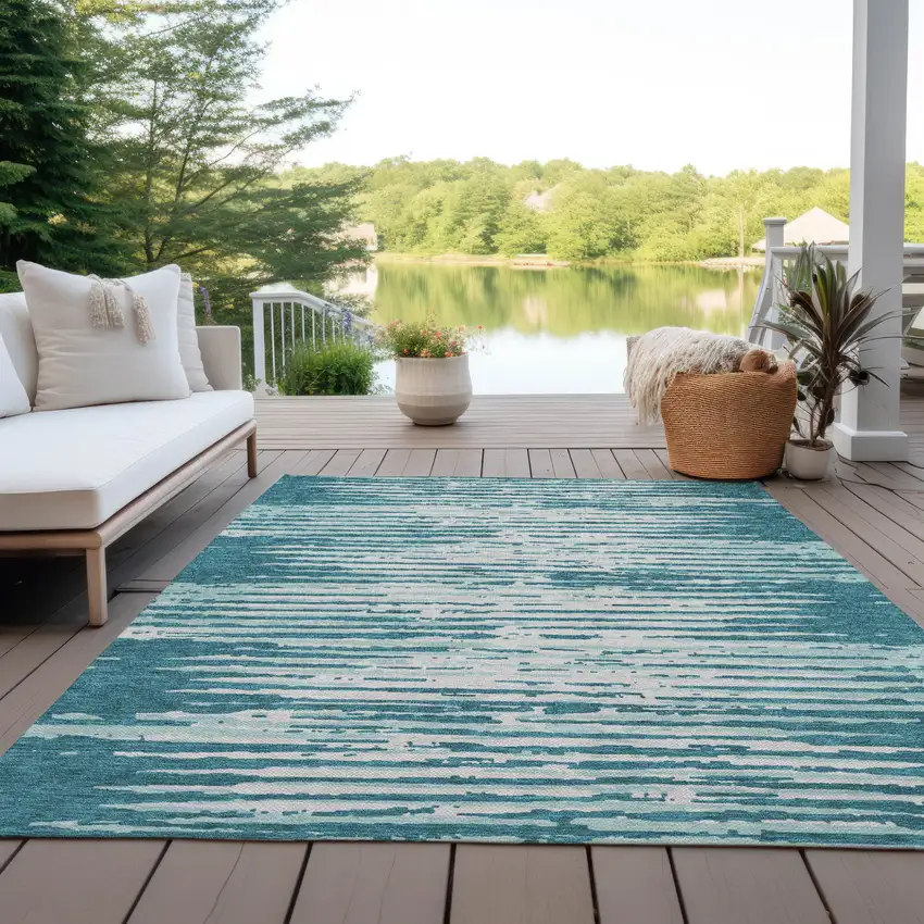 Teal Blue And Ivory Striped Washable Indoor Outdoor Area Rug Photo 9