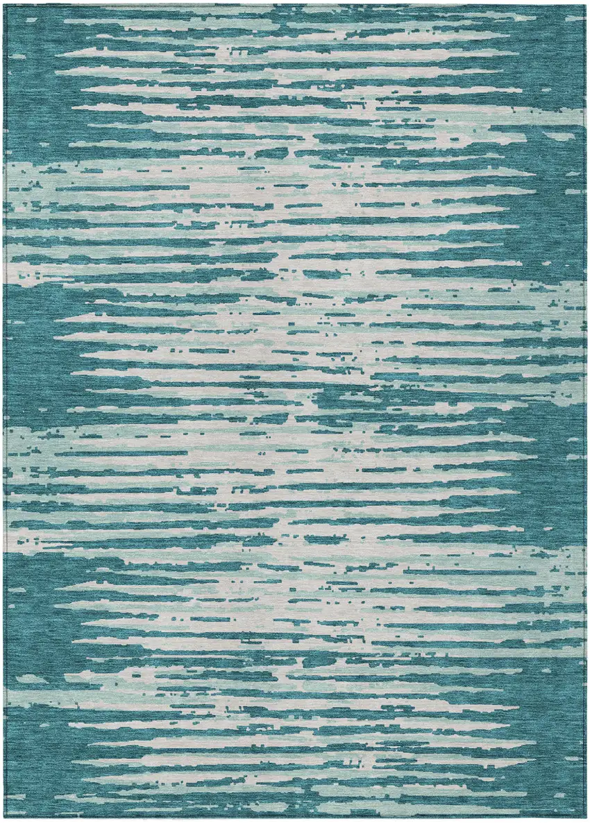 Teal Blue And Ivory Striped Washable Indoor Outdoor Area Rug Photo 2