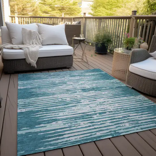 Teal Blue And Ivory Striped Washable Indoor Outdoor Area Rug Photo 9