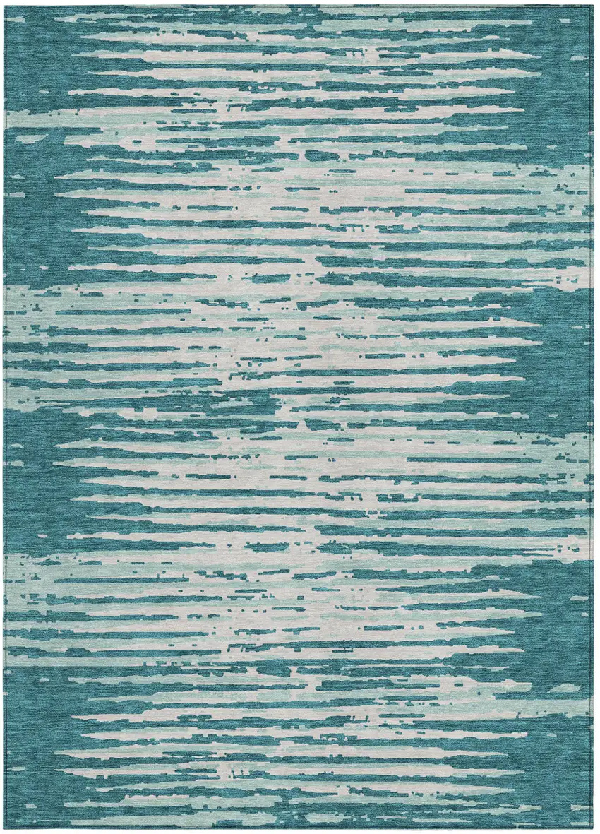 Teal Blue And Ivory Striped Washable Indoor Outdoor Area Rug Photo 6