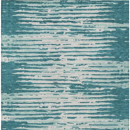 Teal Blue And Ivory Striped Washable Indoor Outdoor Area Rug Photo 7