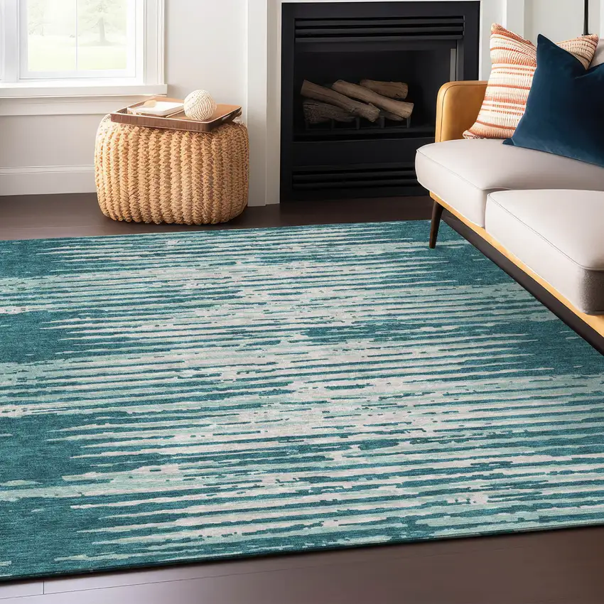 Teal Blue And Ivory Striped Washable Indoor Outdoor Area Rug Photo 8