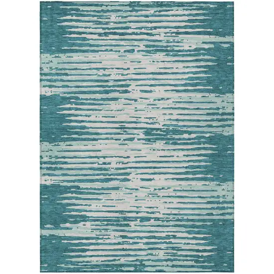 Teal Blue And Ivory Striped Washable Indoor Outdoor Area Rug Photo 2