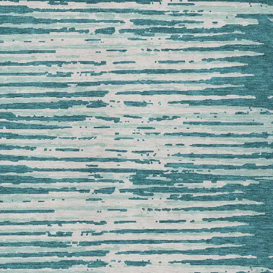 Teal Blue And Ivory Striped Washable Indoor Outdoor Area Rug Photo 6
