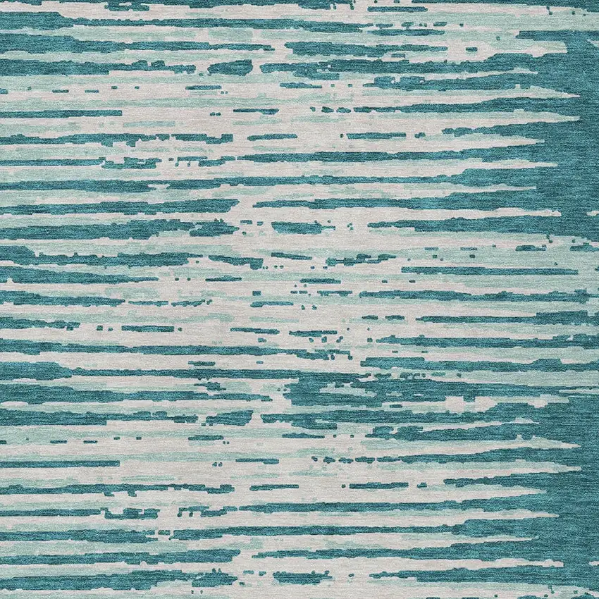 Teal Blue And Ivory Striped Washable Indoor Outdoor Area Rug Photo 6