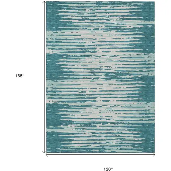 Teal Blue And Ivory Striped Washable Indoor Outdoor Area Rug Photo 3