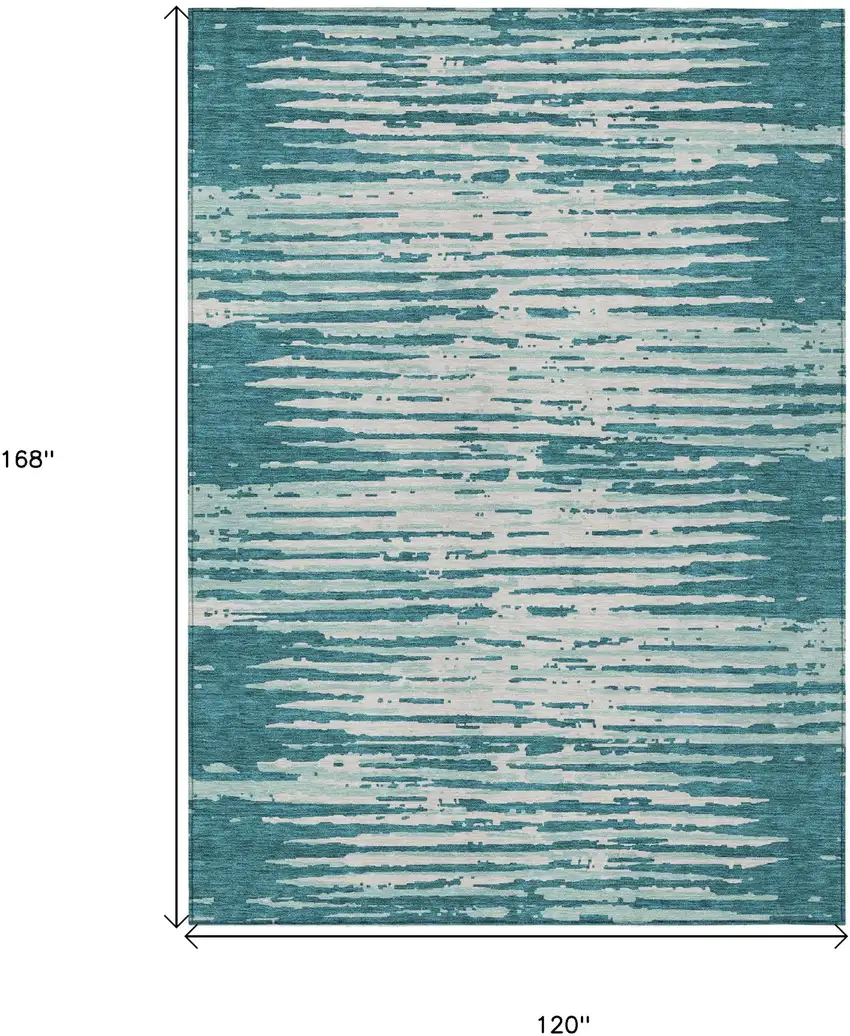 Teal Blue And Ivory Striped Washable Indoor Outdoor Area Rug Photo 3