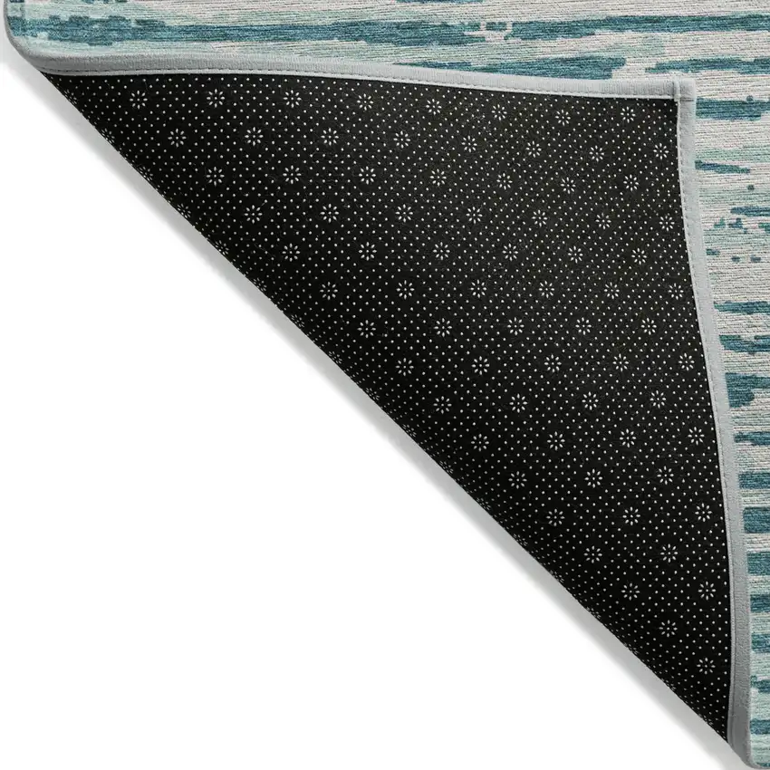 Teal Blue And Ivory Striped Washable Indoor Outdoor Area Rug Photo 4