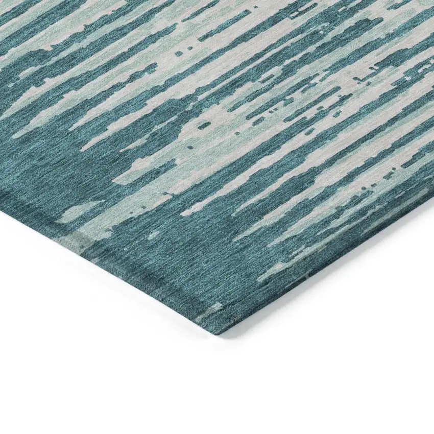 Teal Blue And Ivory Striped Washable Indoor Outdoor Area Rug Photo 5