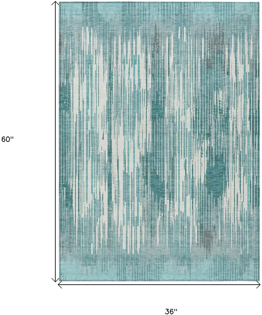 Teal Blue And Ivory Striped Washable Indoor Outdoor Area Rug Photo 3