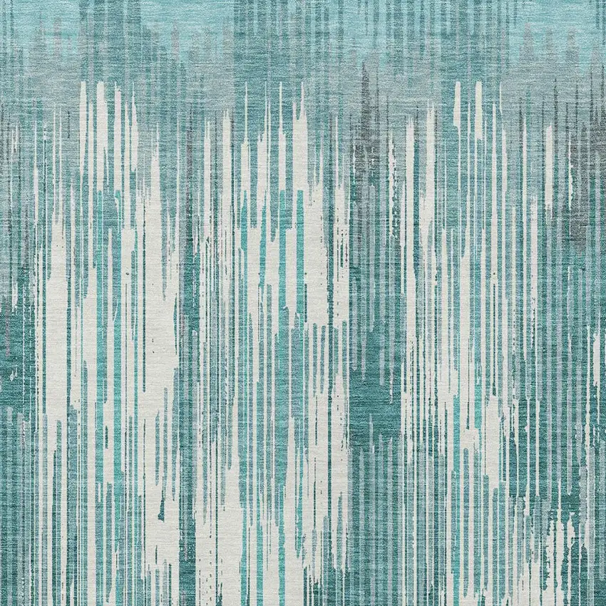 Teal Blue And Ivory Striped Washable Indoor Outdoor Area Rug Photo 6