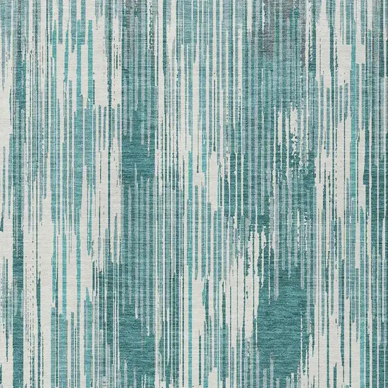 Teal Blue And Ivory Striped Washable Indoor Outdoor Area Rug Photo 6