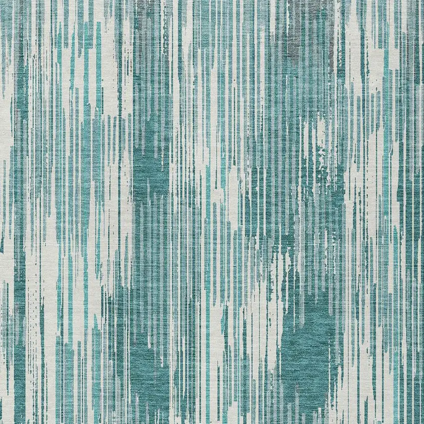 Teal Blue And Ivory Striped Washable Indoor Outdoor Area Rug Photo 6