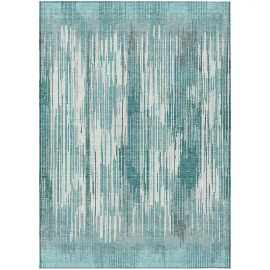 Teal Blue And Ivory Striped Washable Indoor Outdoor Area Rug Photo 2