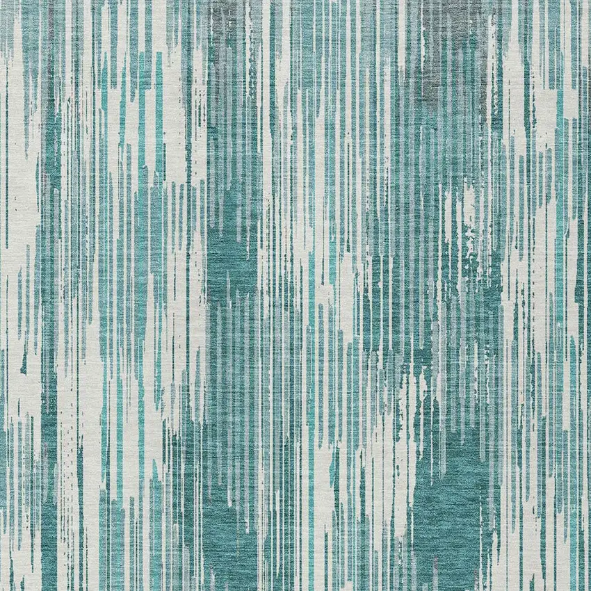 Teal Blue And Ivory Striped Washable Indoor Outdoor Area Rug Photo 6