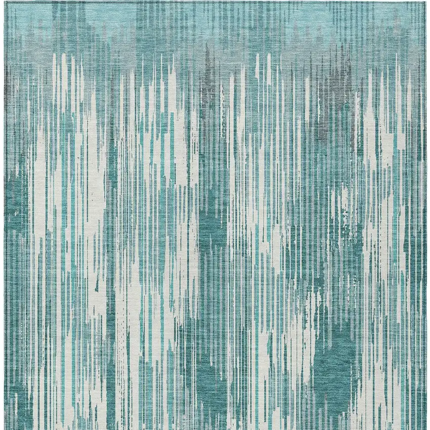 Teal Blue And Ivory Striped Washable Indoor Outdoor Area Rug Photo 7