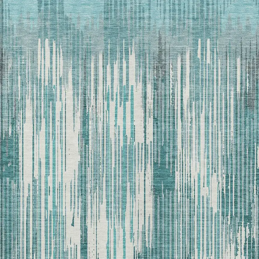 Teal Blue And Ivory Striped Washable Indoor Outdoor Area Rug Photo 6