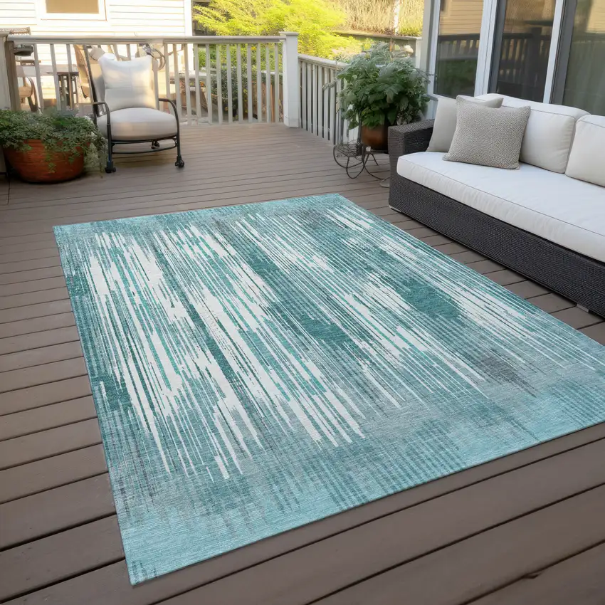 Teal Blue And Ivory Striped Washable Indoor Outdoor Area Rug Photo 8