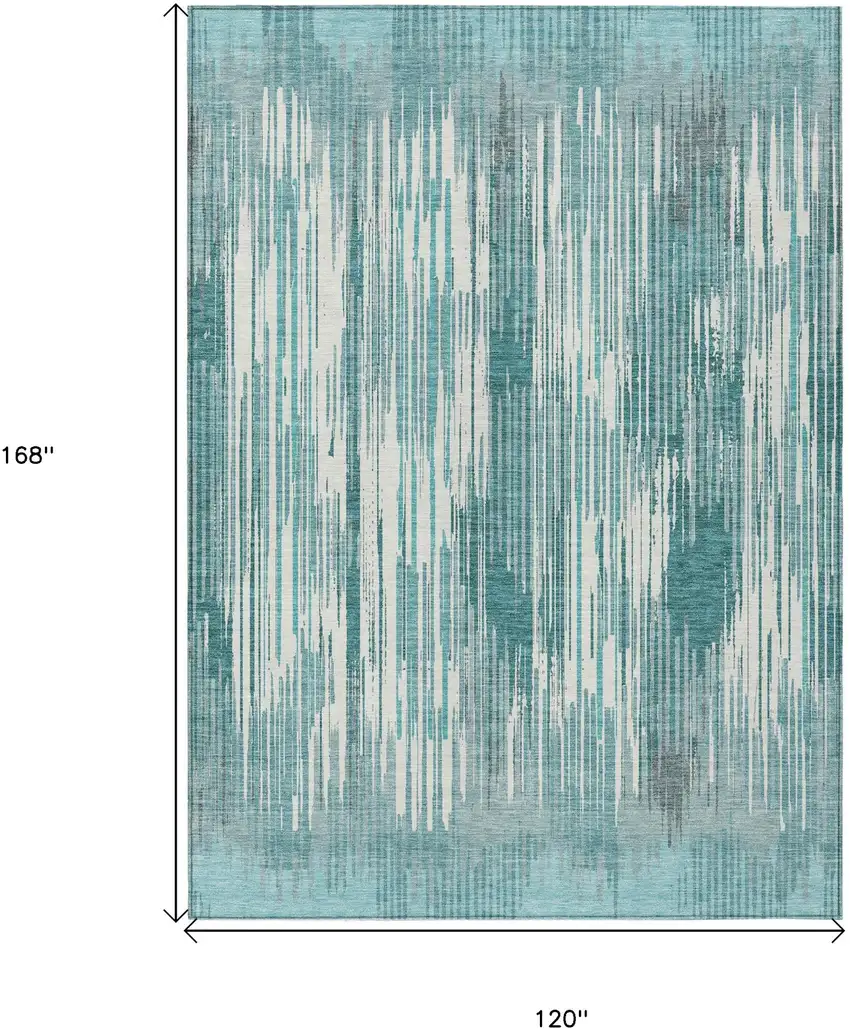 Teal Blue And Ivory Striped Washable Indoor Outdoor Area Rug Photo 3