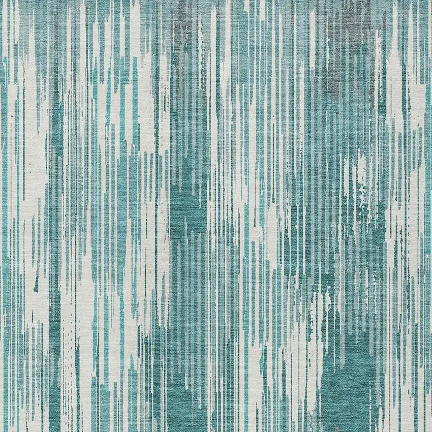 Teal Blue And Ivory Striped Washable Indoor Outdoor Area Rug Photo 6