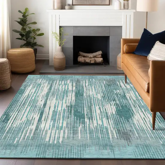 Teal Blue And Ivory Striped Washable Indoor Outdoor Area Rug Photo 9