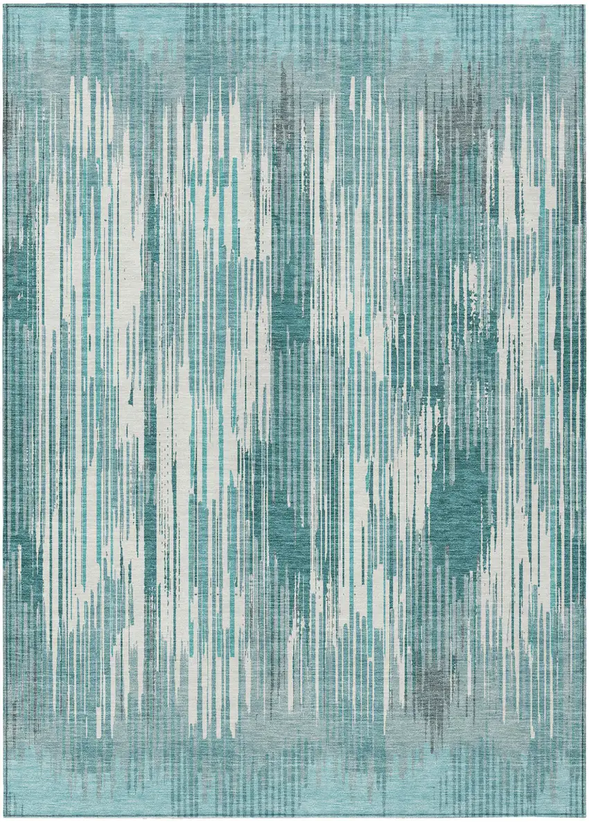 Teal Blue And Ivory Striped Washable Indoor Outdoor Area Rug Photo 2