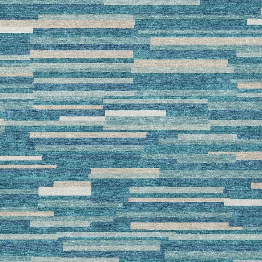 Teal Blue And Ivory Striped Washable Indoor Outdoor Area Rug Photo 6
