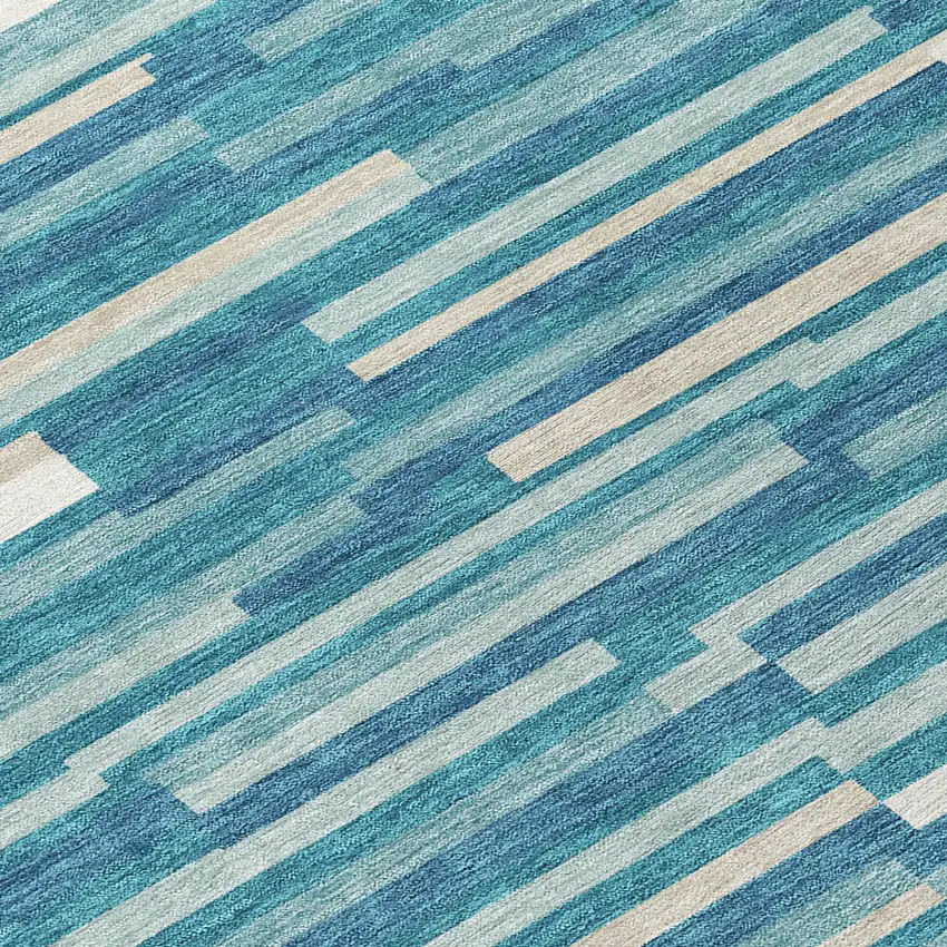 Teal Blue And Ivory Striped Washable Indoor Outdoor Area Rug Photo 8
