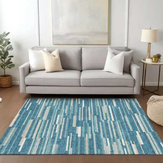 Teal Blue And Ivory Striped Washable Indoor Outdoor Area Rug Photo 9