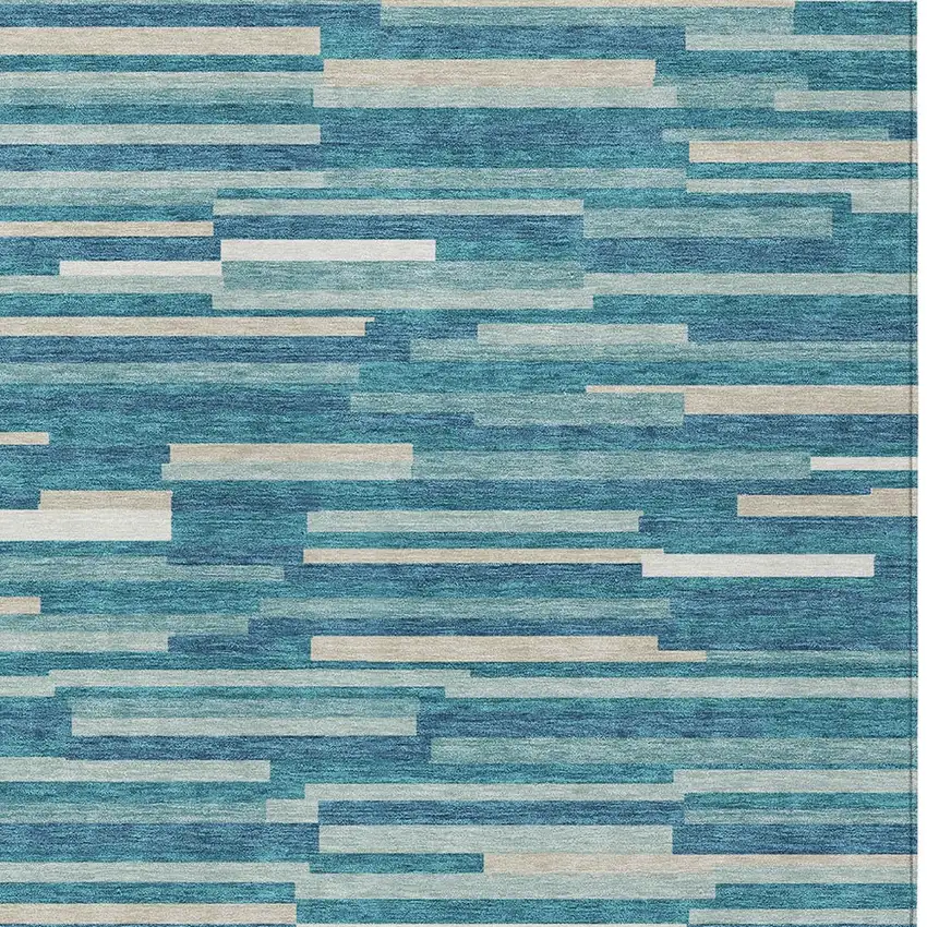 Teal Blue And Ivory Striped Washable Indoor Outdoor Area Rug Photo 6
