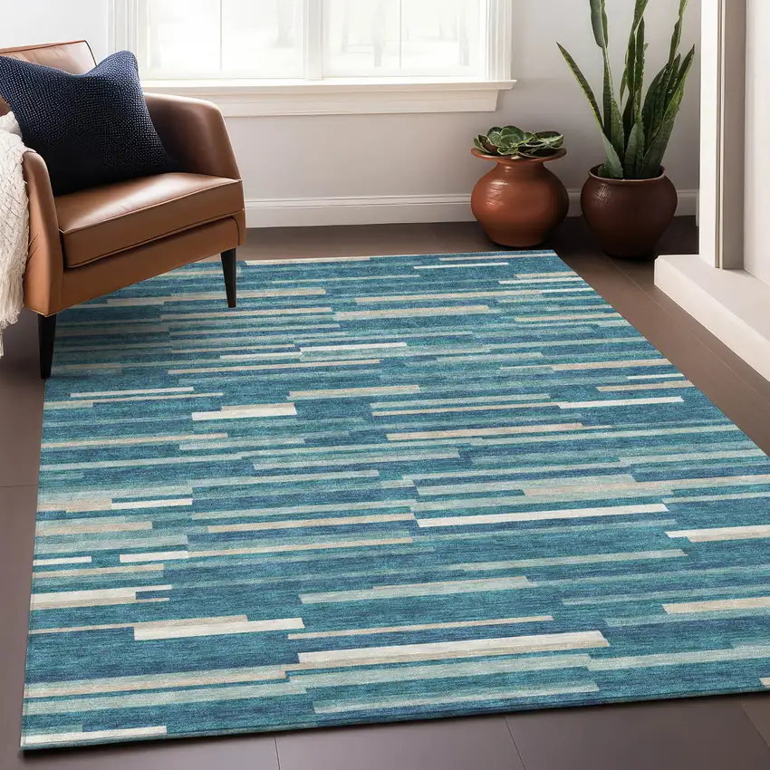 Teal Blue And Ivory Striped Washable Indoor Outdoor Area Rug Photo 9