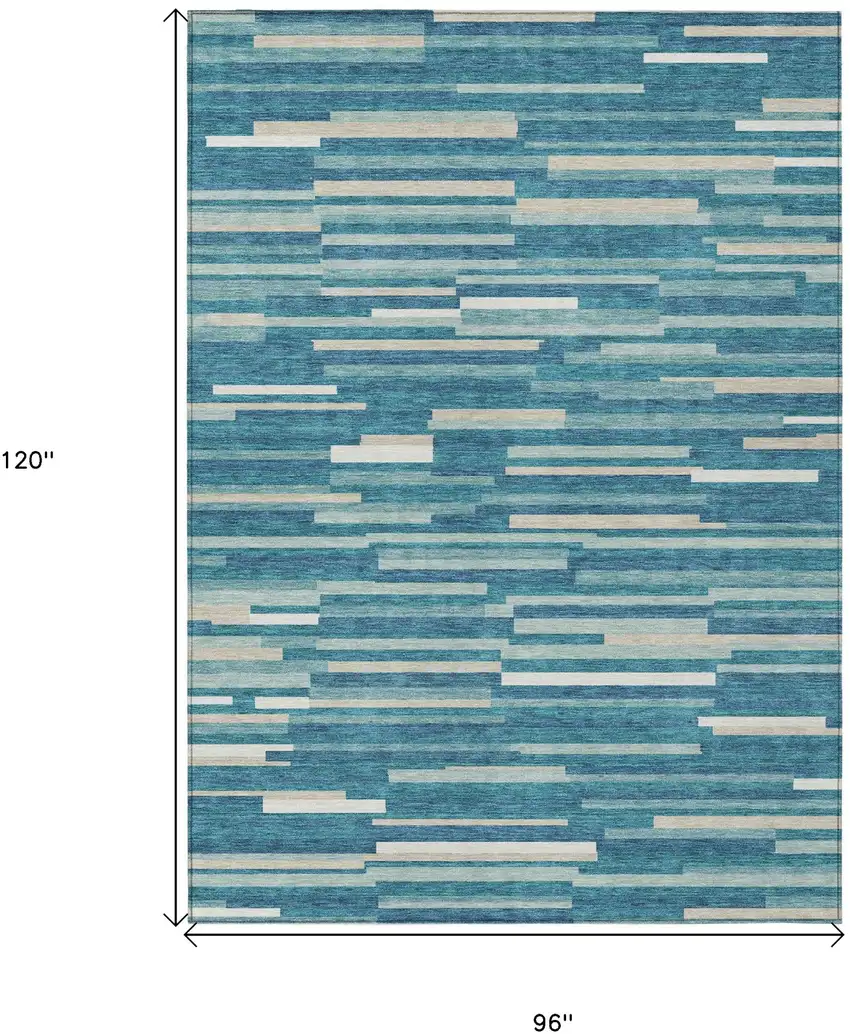 Teal Blue And Ivory Striped Washable Indoor Outdoor Area Rug Photo 3