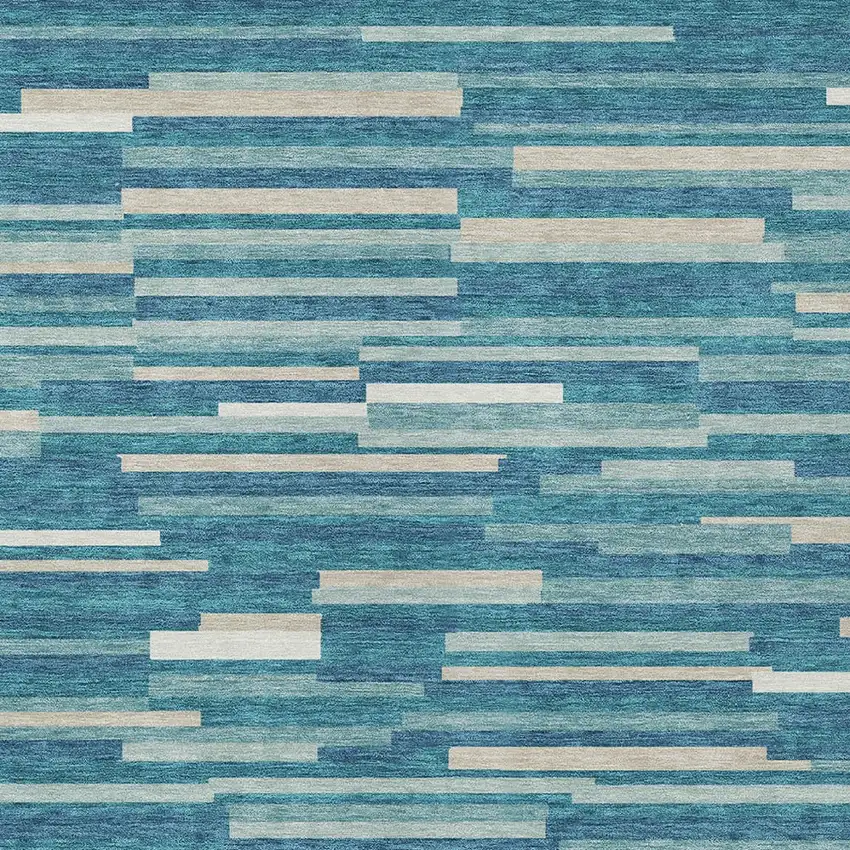 Teal Blue And Ivory Striped Washable Indoor Outdoor Area Rug Photo 6