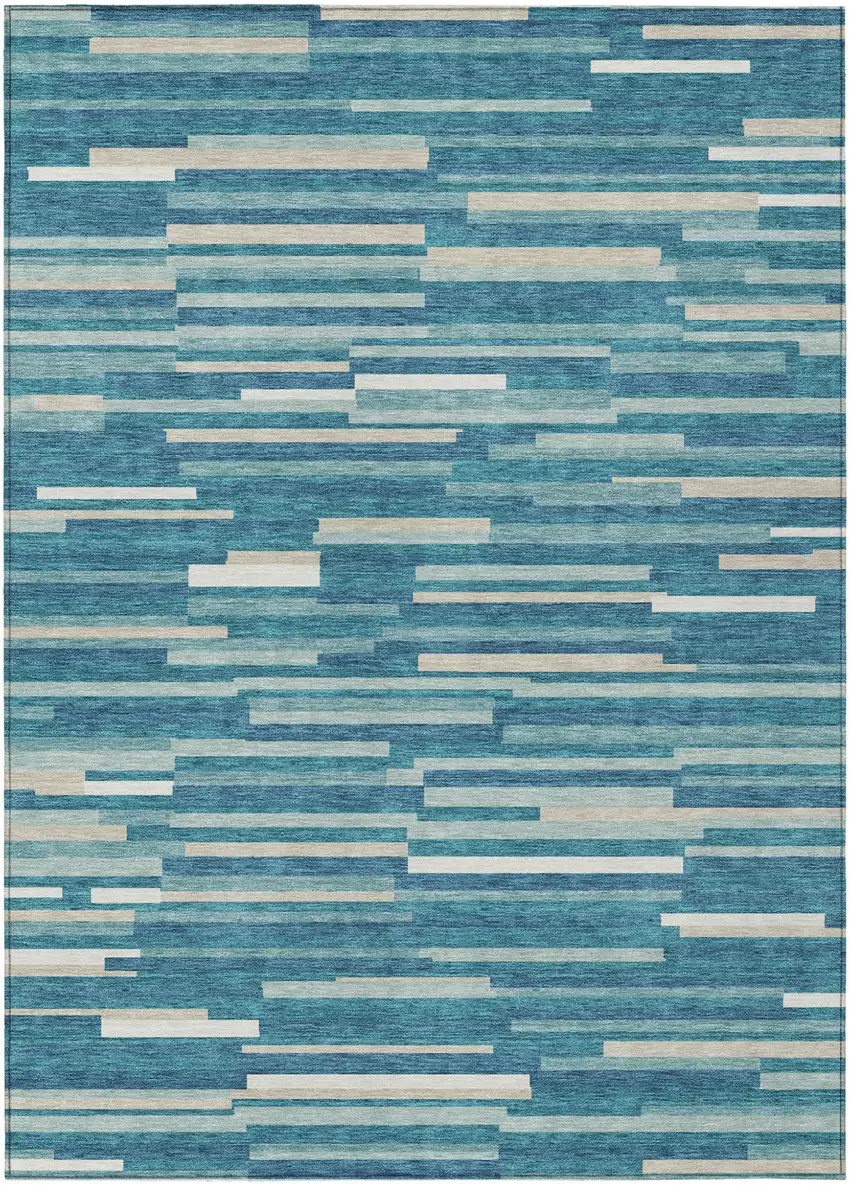 Teal Blue And Ivory Striped Washable Indoor Outdoor Area Rug Photo 2