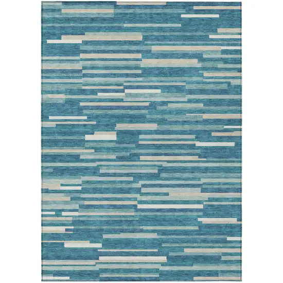 Teal Blue And Ivory Striped Washable Indoor Outdoor Area Rug Photo 2