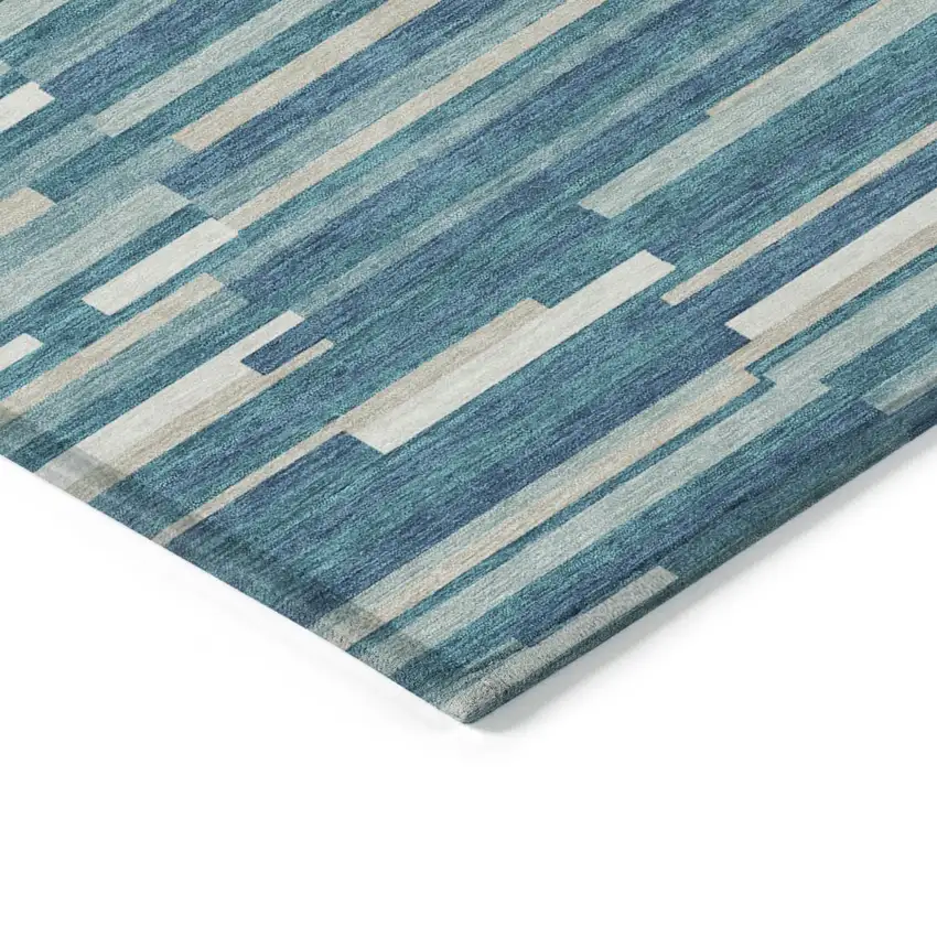 Teal Blue And Ivory Striped Washable Indoor Outdoor Area Rug Photo 5