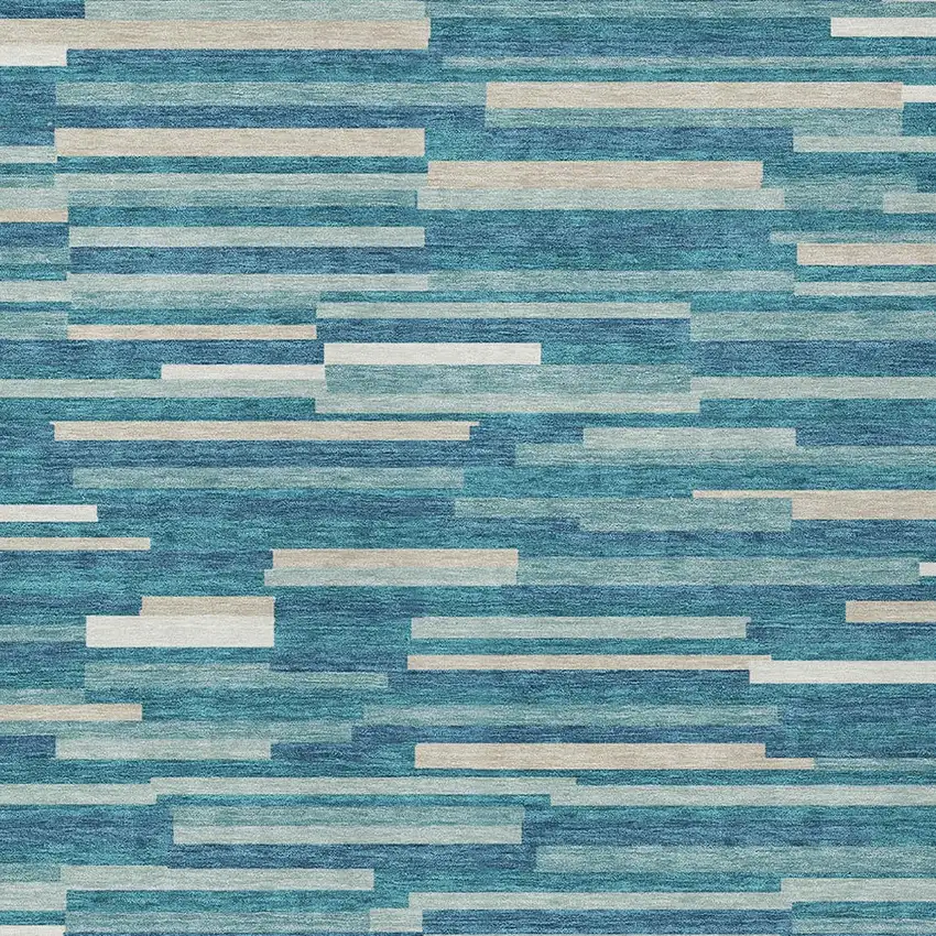 Teal Blue And Ivory Striped Washable Indoor Outdoor Area Rug Photo 6