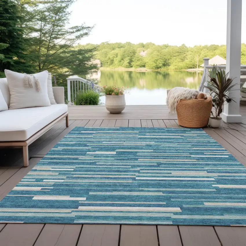 Teal Blue And Ivory Striped Washable Indoor Outdoor Area Rug Photo 8