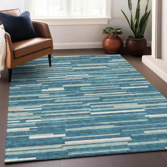 Teal Blue And Ivory Striped Washable Indoor Outdoor Area Rug Photo 9