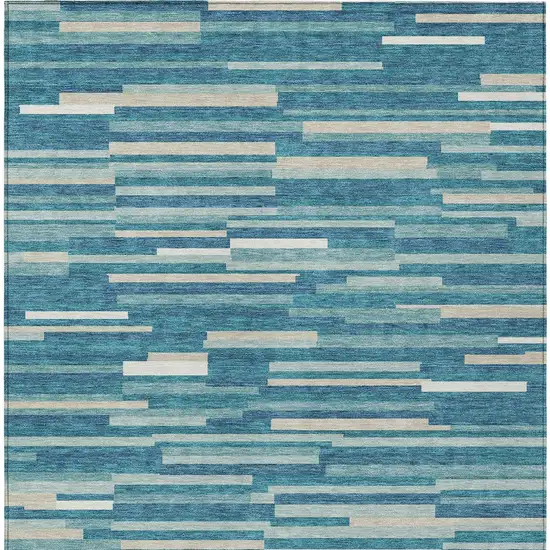 Teal Blue And Ivory Striped Washable Indoor Outdoor Area Rug Photo 7