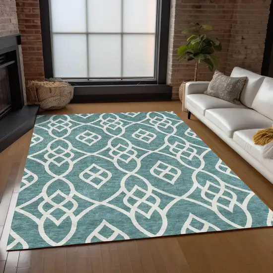 Teal Blue And Ivory Trellis Washable Indoor Outdoor Area Rug Photo 9