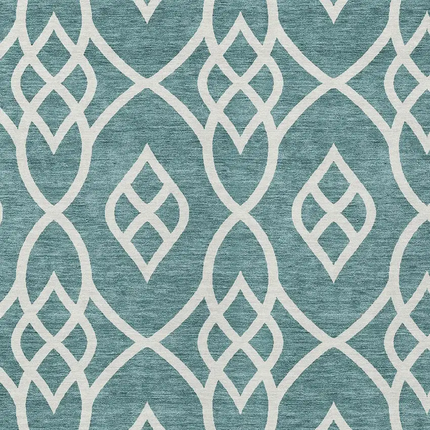 Teal Blue And Ivory Trellis Washable Indoor Outdoor Area Rug Photo 6
