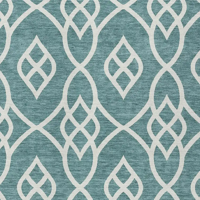Teal Blue And Ivory Trellis Washable Indoor Outdoor Area Rug Photo 6