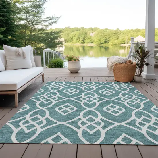 Teal Blue And Ivory Trellis Washable Indoor Outdoor Area Rug Photo 8