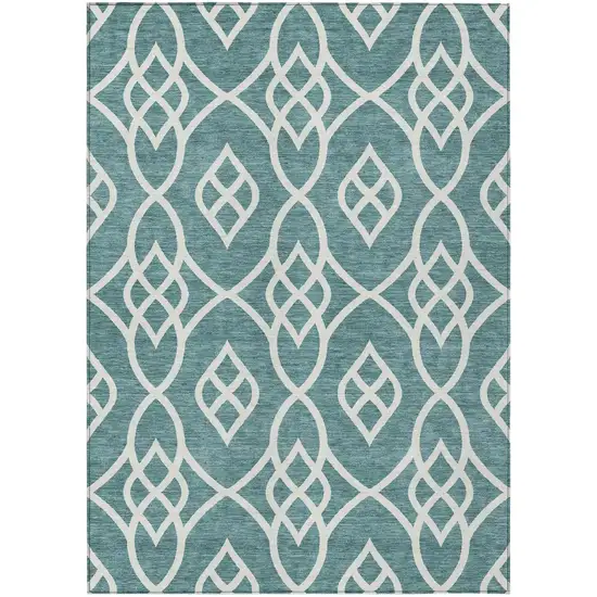 Teal Blue And Ivory Trellis Washable Indoor Outdoor Area Rug Photo 2
