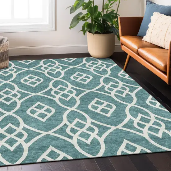 Teal Blue And Ivory Trellis Washable Indoor Outdoor Area Rug Photo 9