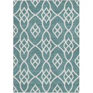 Photo of Teal Blue And Ivory Trellis Washable Indoor Outdoor Area Rug