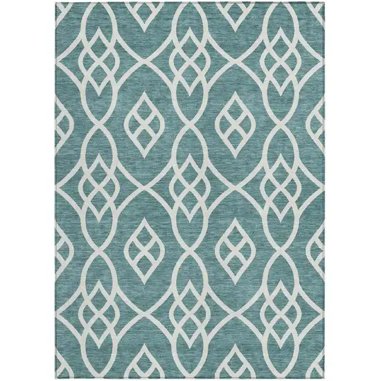 Teal Blue And Ivory Trellis Washable Indoor Outdoor Area Rug Photo 7