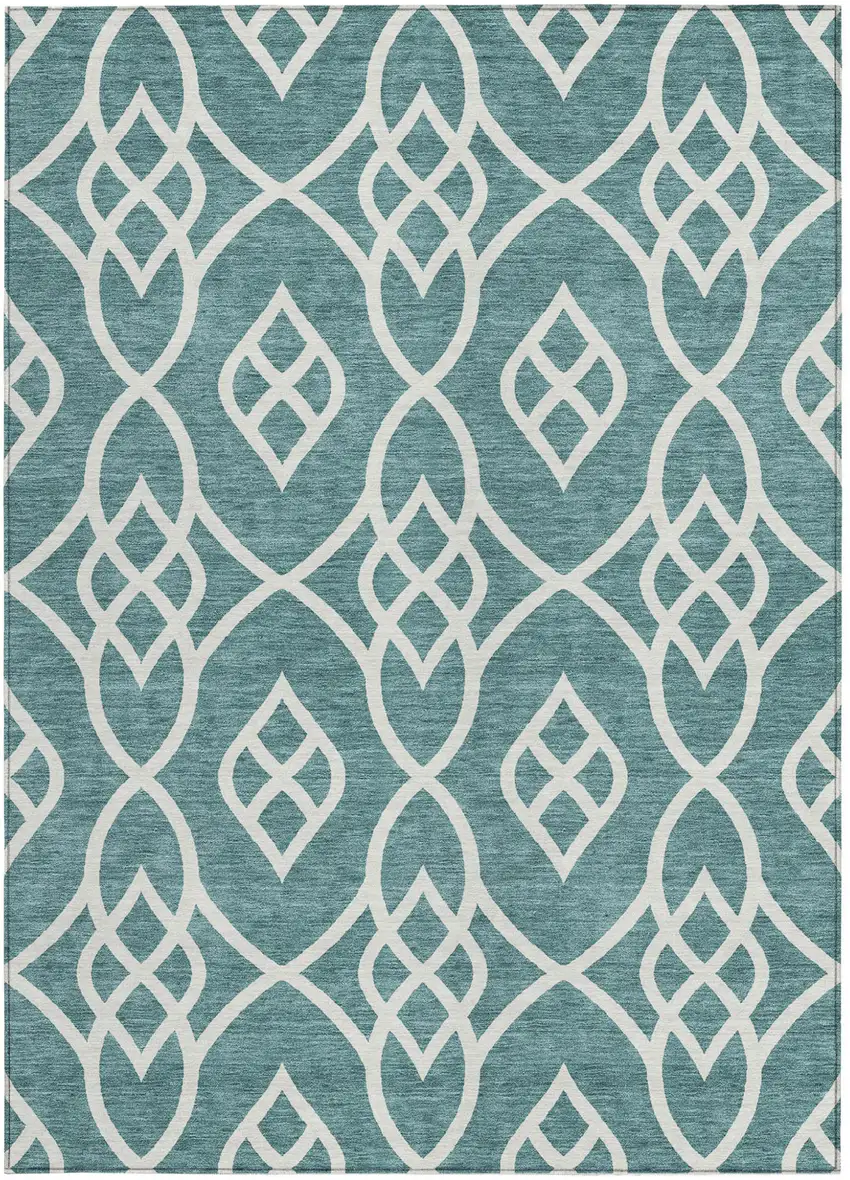 Teal Blue And Ivory Trellis Washable Indoor Outdoor Area Rug Photo 7